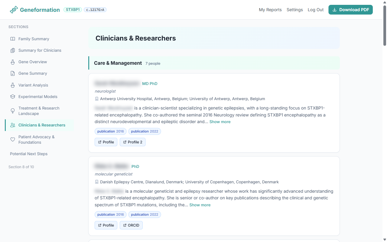 Clinicians & Researchers section showing researcher profiles with publications and affiliations
