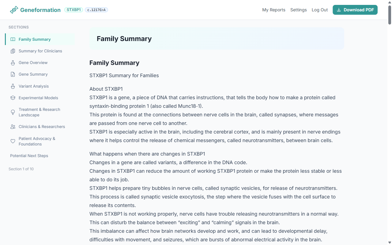 Geneformation online report dashboard showing the Family Summary section with sidebar navigation
